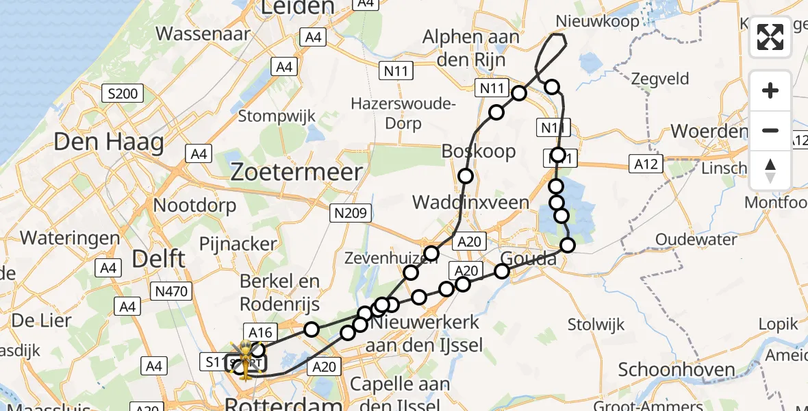 Vluchtroute Traumahelikopter van Rotterdam The Hague Airport naar Rotterdam The Hague Airport