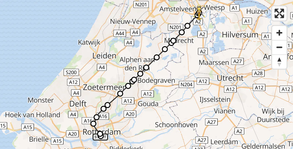 Vluchtroute Traumahelikopter van Erasmus MC naar Amsterdam