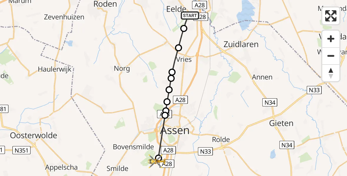 Vluchtroute Traumahelikopter van Groningen Airport Eelde naar TT Circuit Assen Helipad