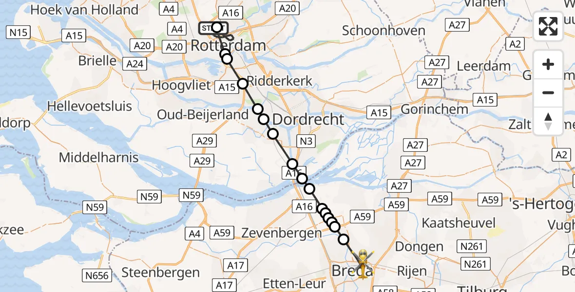 Vluchtroute Traumahelikopter van Rotterdam The Hague Airport naar Breda