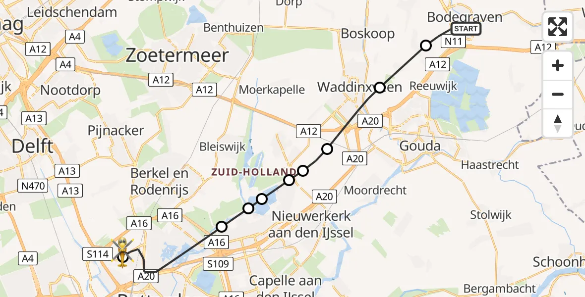 Vluchtroute Traumahelikopter van Bodegraven naar Rotterdam The Hague Airport
