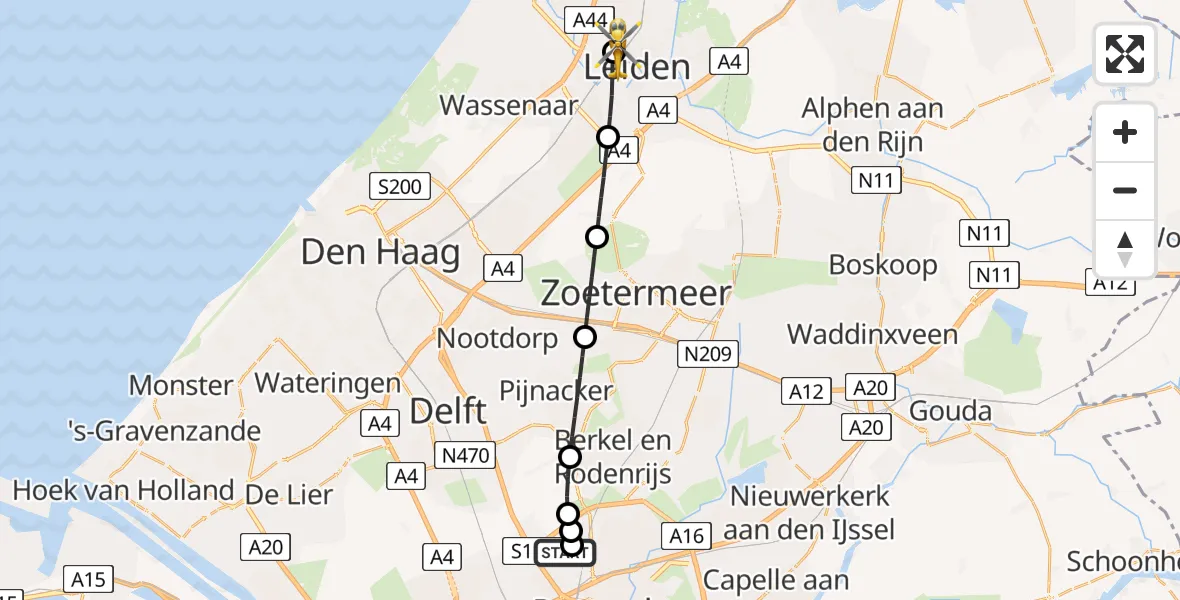 Vluchtroute Traumahelikopter van Rotterdam The Hague Airport naar Leiden University Medical Center Heliport