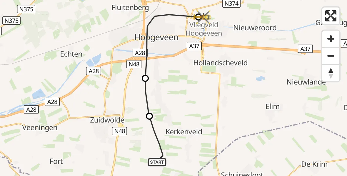 Vluchtroute Traumahelikopter Kerkenveld - Vliegveld Hoogeveen, 08 mei 2026, 13:11