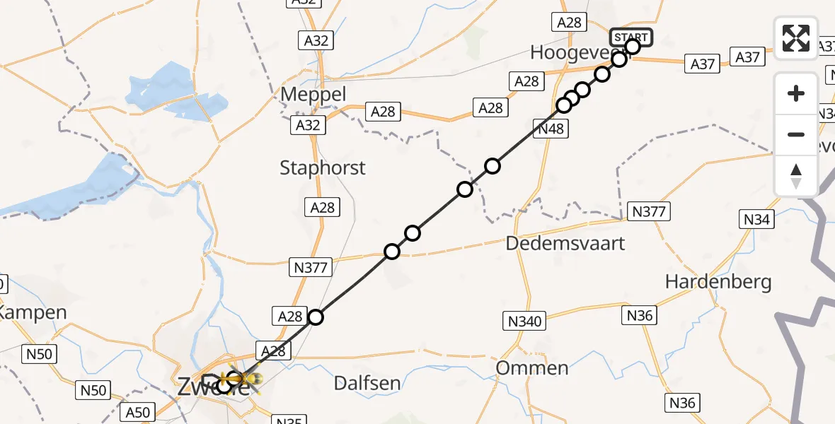 Vluchtroute Traumahelikopter Vliegveld Hoogeveen - Isala Hospital Zwolle Heliport, 08 mei 2026, 13:34