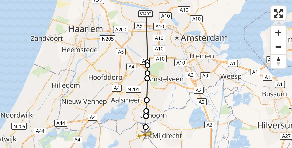 Vluchtroute Traumahelikopter Amsterdam Heliport - de Hoef, 08 mei 2026, 14:06