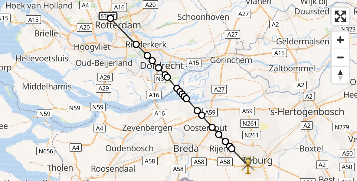 Vluchtroute Traumahelikopter Rotterdam The Hague Airport - Tilburg, 08 mei 2026, 14:10