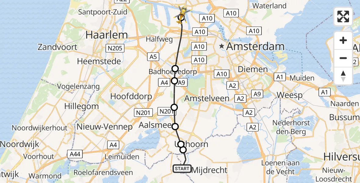 Vluchtroute Traumahelikopter de Hoef - Amsterdam Heliport, 08 mei 2026, 14:52