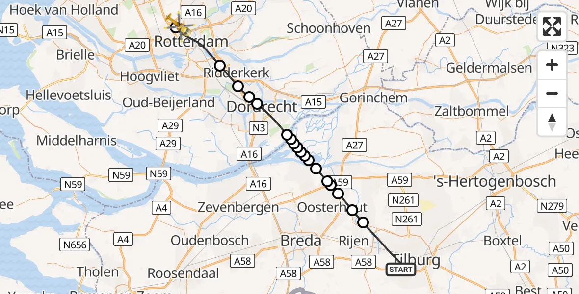 Vluchtroute Traumahelikopter Tilburg - Rotterdam The Hague Airport, 08 mei 2026, 15:04