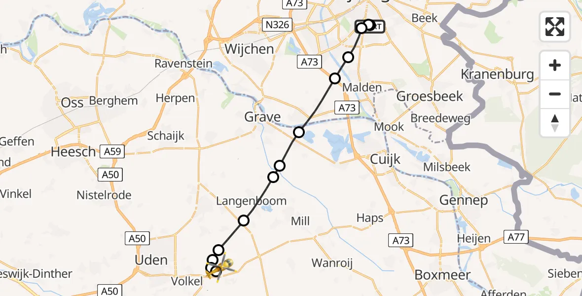 Vluchtroute Traumahelikopter Radboud Universitair Medisch Centrum - Vliegbasis Volkel, 08 mei 2026, 18:32