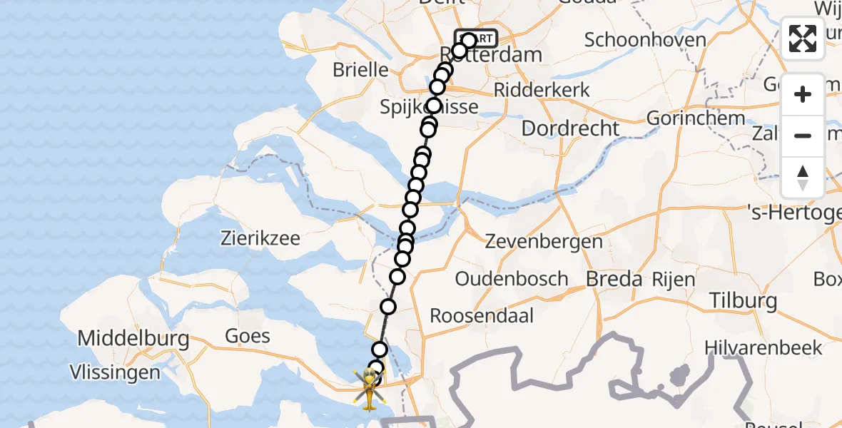 Vluchtroute Traumahelikopter Rotterdam The Hague Airport - Rilland, 08 mei 2026, 19:46