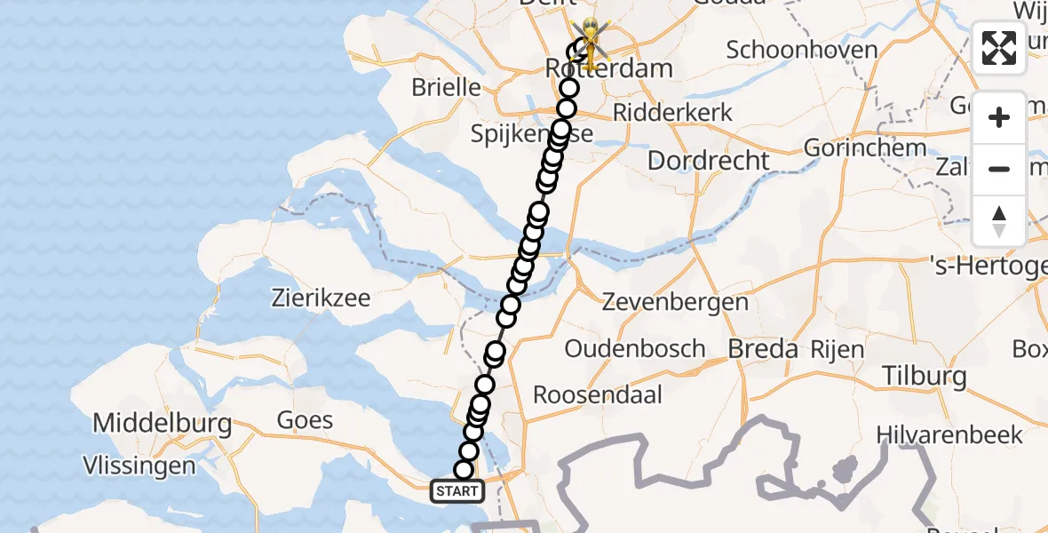 Vluchtroute Traumahelikopter Rilland - Rotterdam The Hague Airport, 08 mei 2026, 20:22