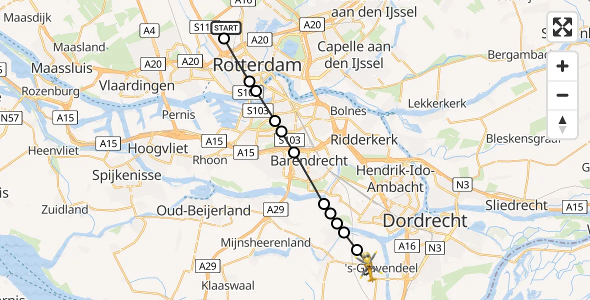 Vluchtroute Traumahelikopter Rotterdam The Hague Airport - 's-Gravendeel, 08 mei 2026, 21:31