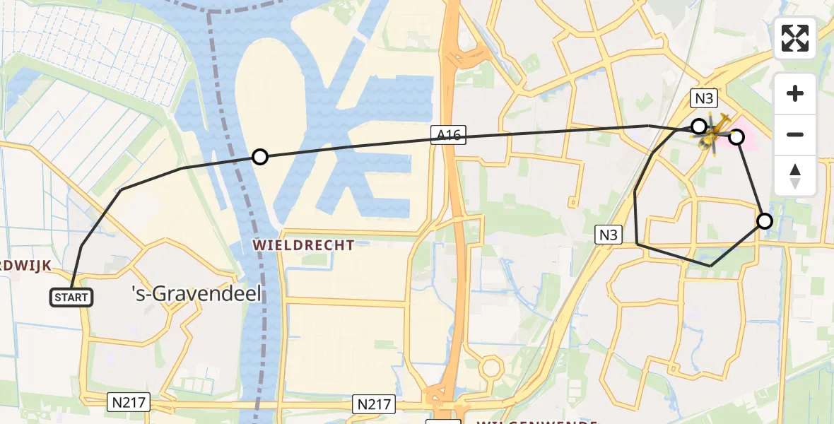 Vluchtroute Traumahelikopter 's-Gravendeel - Albert Schweitzer Hospital Dordrecht Heliport, 08 mei 2026, 22:05