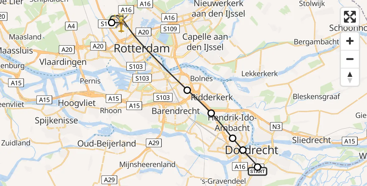 Vluchtroute Traumahelikopter Albert Schweitzer Hospital Dordrecht Heliport - Rotterdam The Hague Airport, 08 mei 2026, 22:22
