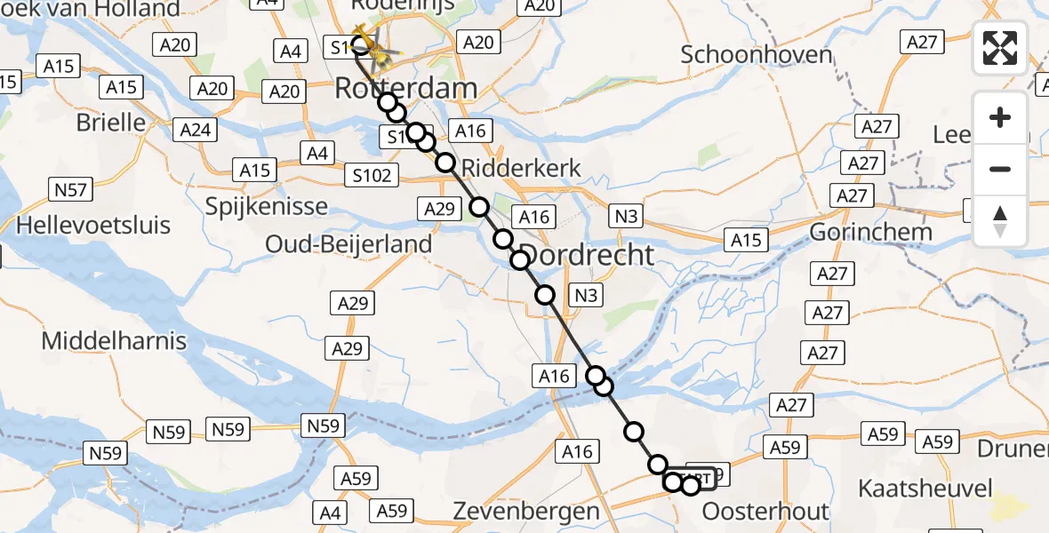 Vluchtroute Traumahelikopter Made - Rotterdam The Hague Airport, 08 mei 2026, 22:29