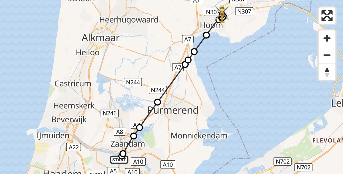 Vluchtroute Traumahelikopter Amsterdam Heliport - Westwoud, 08 mei 2026, 22:38