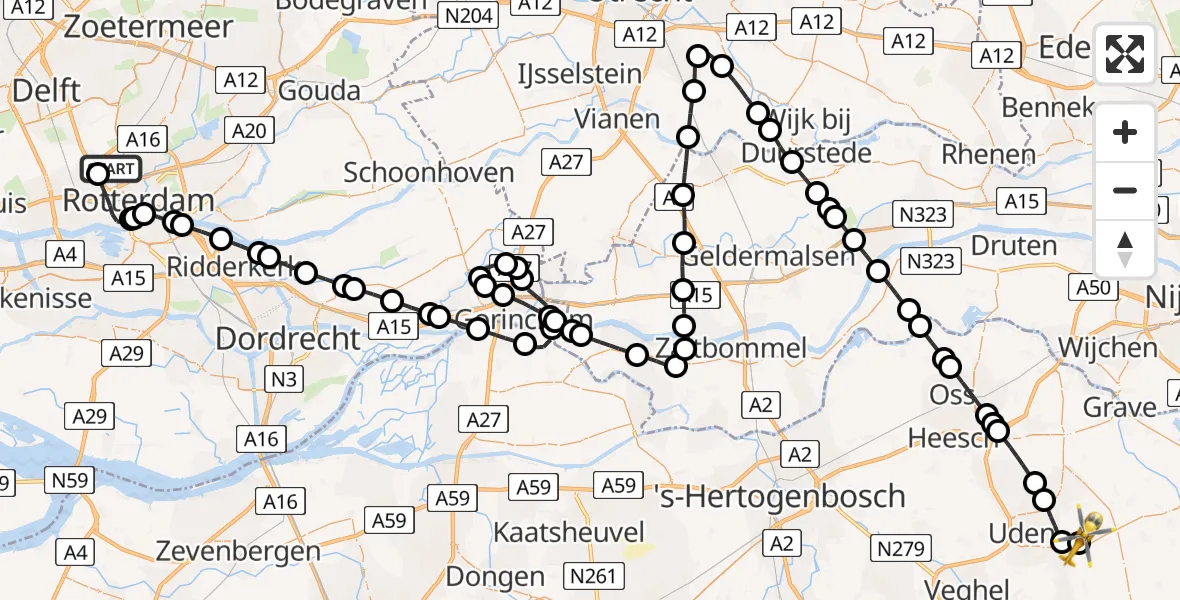 Vluchtroute Traumahelikopter Rotterdam The Hague Airport - Vliegbasis Volkel, 08 mei 2026, 23:04
