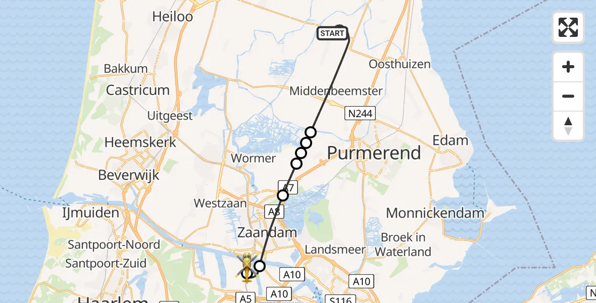 Vluchtroute Traumahelikopter Beemster - Amsterdam Heliport, 08 mei 2026, 23:35