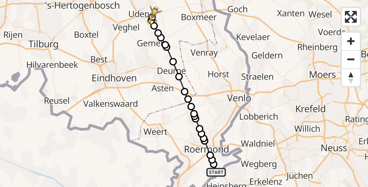 Vluchtroute Traumahelikopter Posterholt - Vliegbasis Volkel, 09 mei 2026, 03:45
