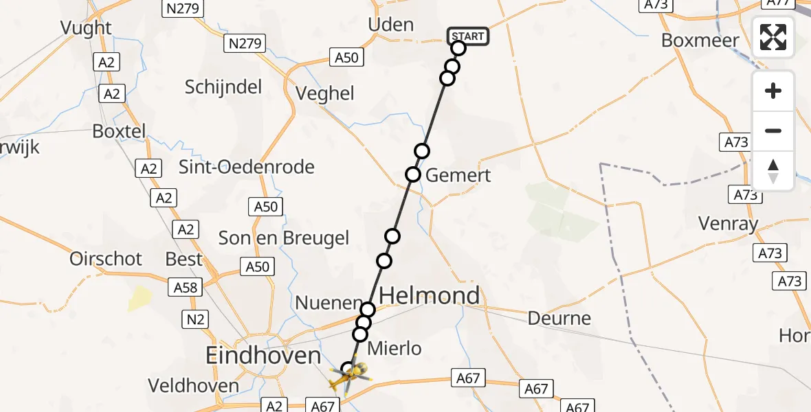 Vluchtroute Traumahelikopter Vliegbasis Volkel - Geldrop, 09 mei 2026, 04:55