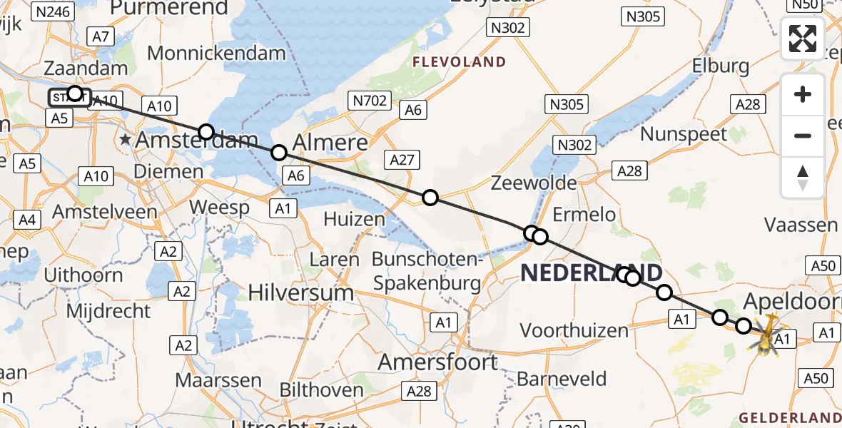 Vluchtroute Traumahelikopter Amsterdam Heliport - Ugchelen, 09 mei 2026, 06:53