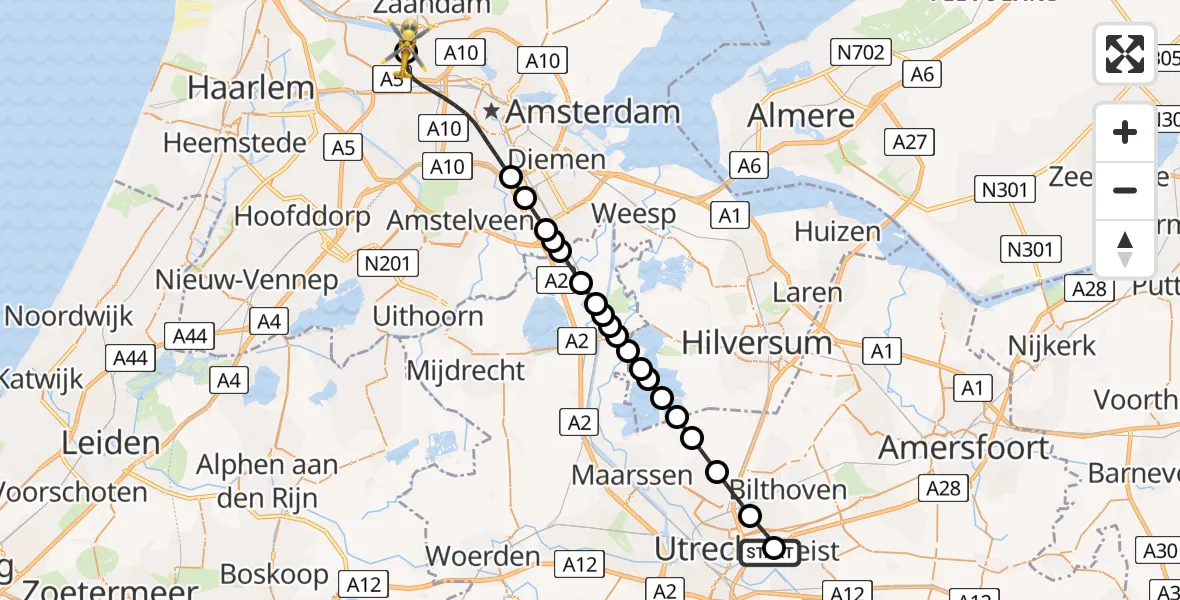 Vluchtroute Traumahelikopter Universitair Medisch Centrum Utrecht - Amsterdam Heliport, 09 mei 2026, 08:08