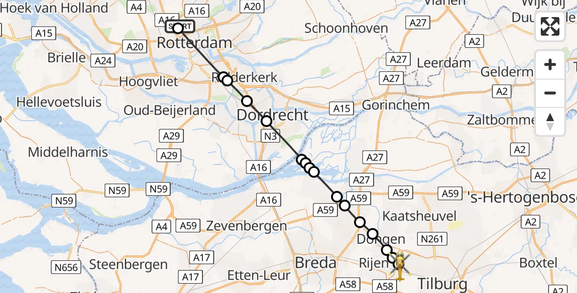 Vluchtroute Traumahelikopter Rotterdam The Hague Airport - Tilburg, 09 mei 2026, 09:09