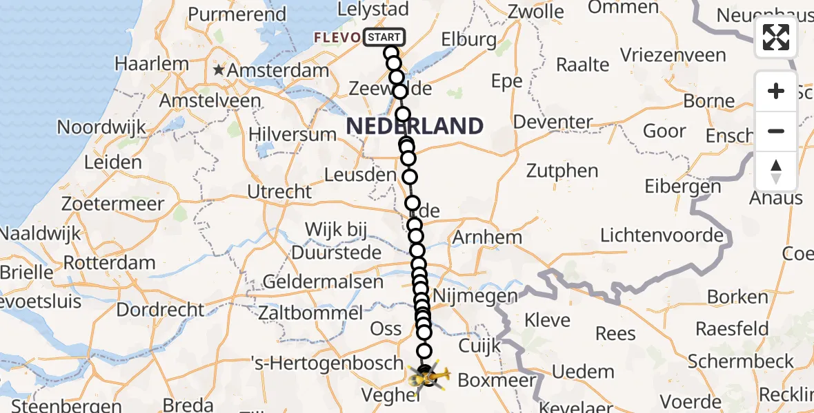 Vluchtroute Traumahelikopter Lelystad Airport - Vliegbasis Volkel, 09 mei 2026, 10:01