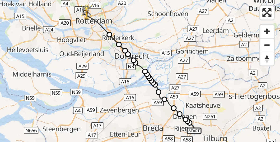 Vluchtroute Traumahelikopter Tilburg - Rotterdam The Hague Airport, 09 mei 2026, 10:11