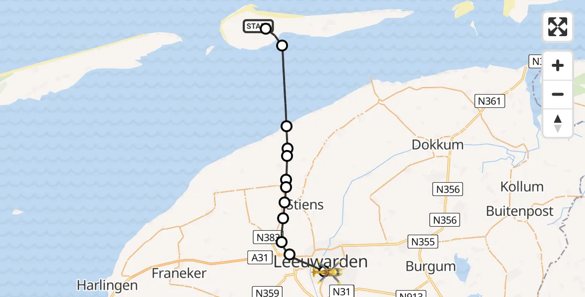 Vluchtroute Ambulancehelikopter Ameland Vliegveld Ballum - Leeuwarden Medical Center Heliport, 09 mei 2026, 10:13