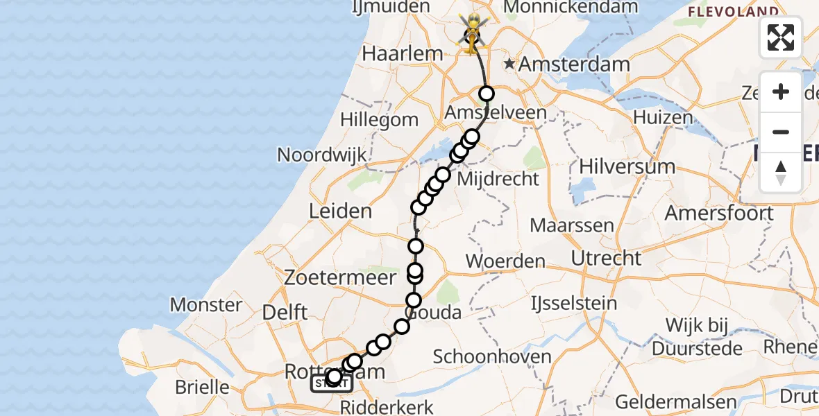 Vluchtroute Traumahelikopter Erasmus MC - Amsterdam Heliport, 09 mei 2026, 10:28