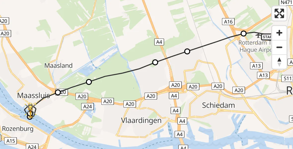 Vluchtroute Traumahelikopter Rotterdam The Hague Airport - Maassluis, 09 mei 2026, 10:57