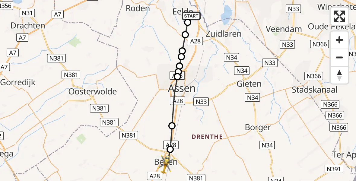Vluchtroute Traumahelikopter Groningen Airport Eelde - Beilen, 09 mei 2026, 11:08