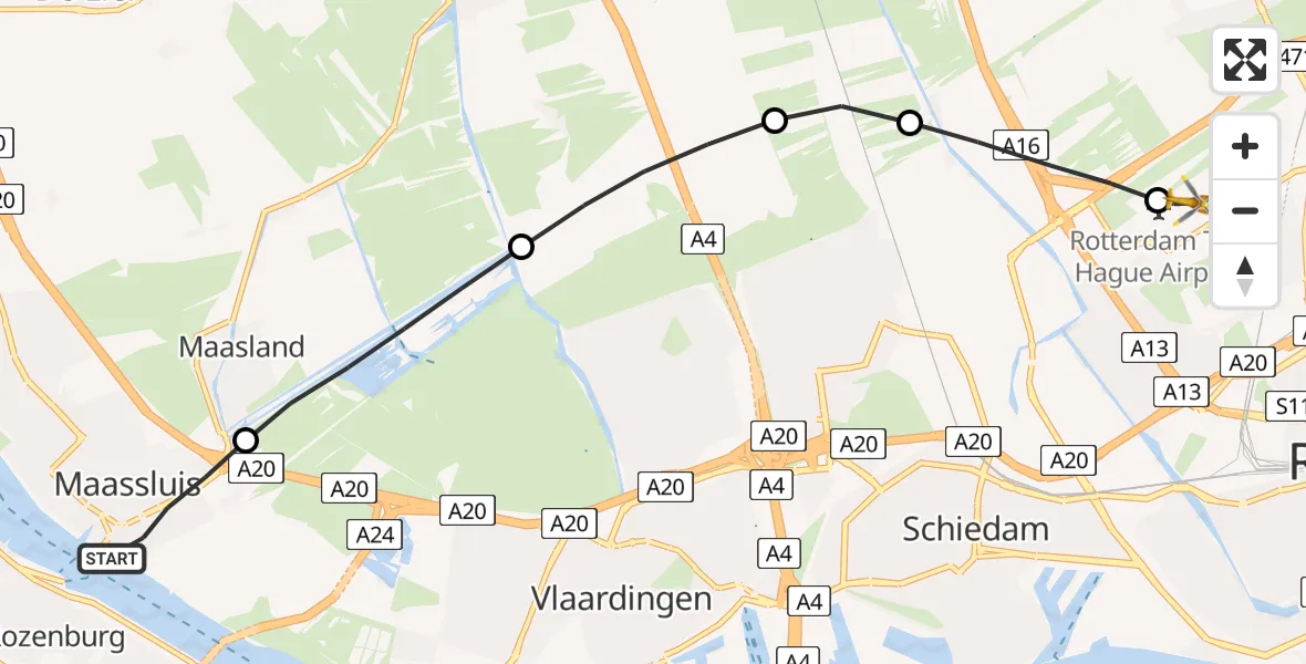 Vluchtroute Traumahelikopter Maassluis - Rotterdam The Hague Airport, 09 mei 2026, 11:23