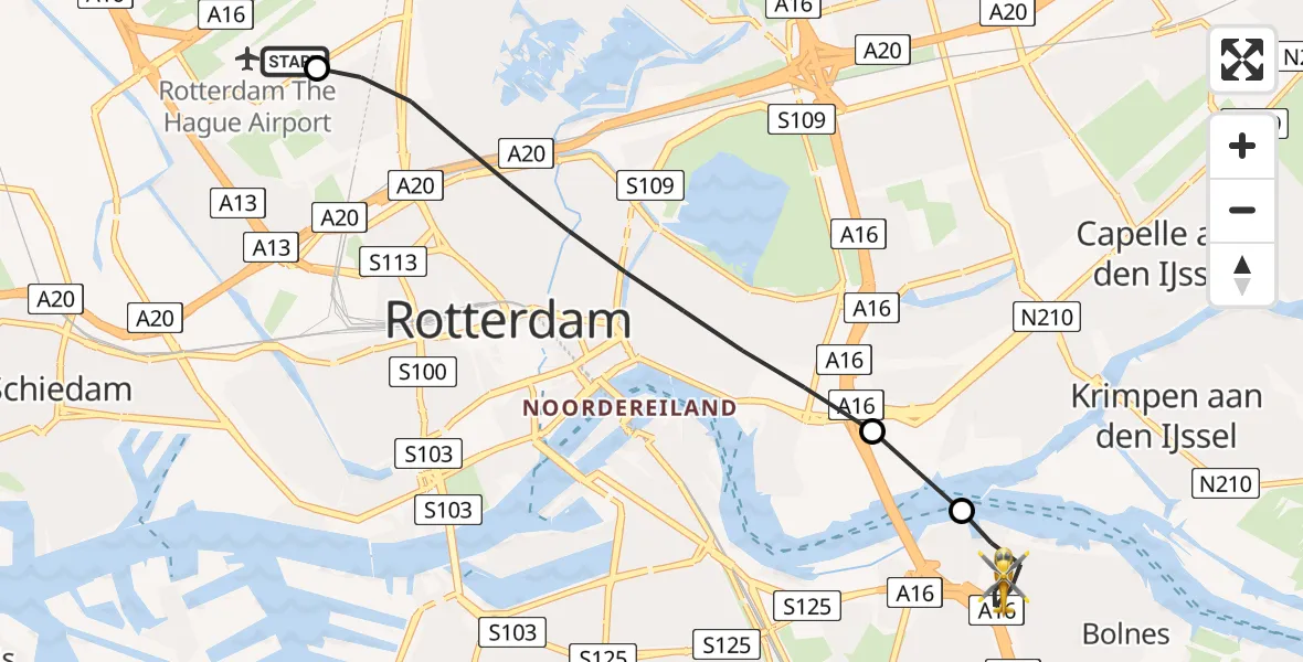 Vluchtroute Traumahelikopter Rotterdam The Hague Airport - Rotterdam, 09 mei 2026, 11:39