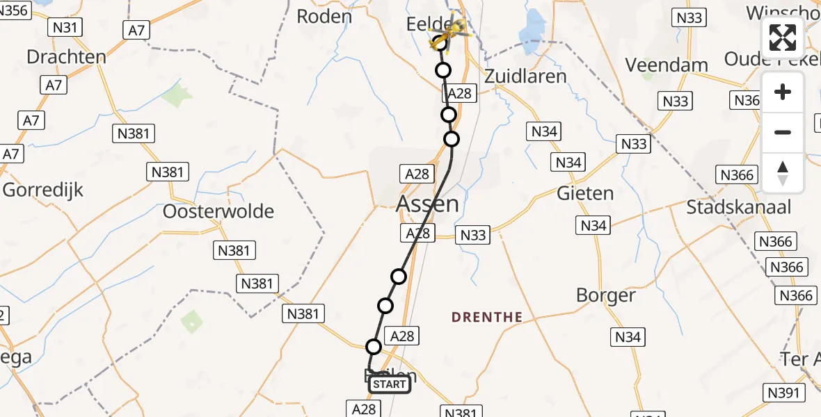 Vluchtroute Traumahelikopter Beilen - Groningen Airport Eelde, 09 mei 2026, 11:48