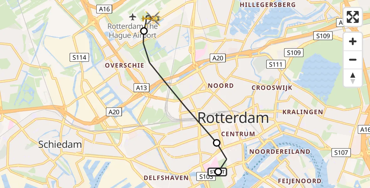 Vluchtroute Traumahelikopter Erasmus MC - Rotterdam The Hague Airport, 09 mei 2026, 12:43