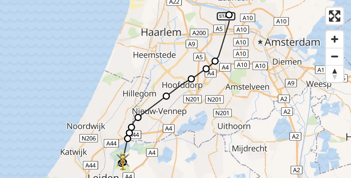 Vluchtroute Traumahelikopter Amsterdam Heliport - Warmond, 09 mei 2026, 12:52