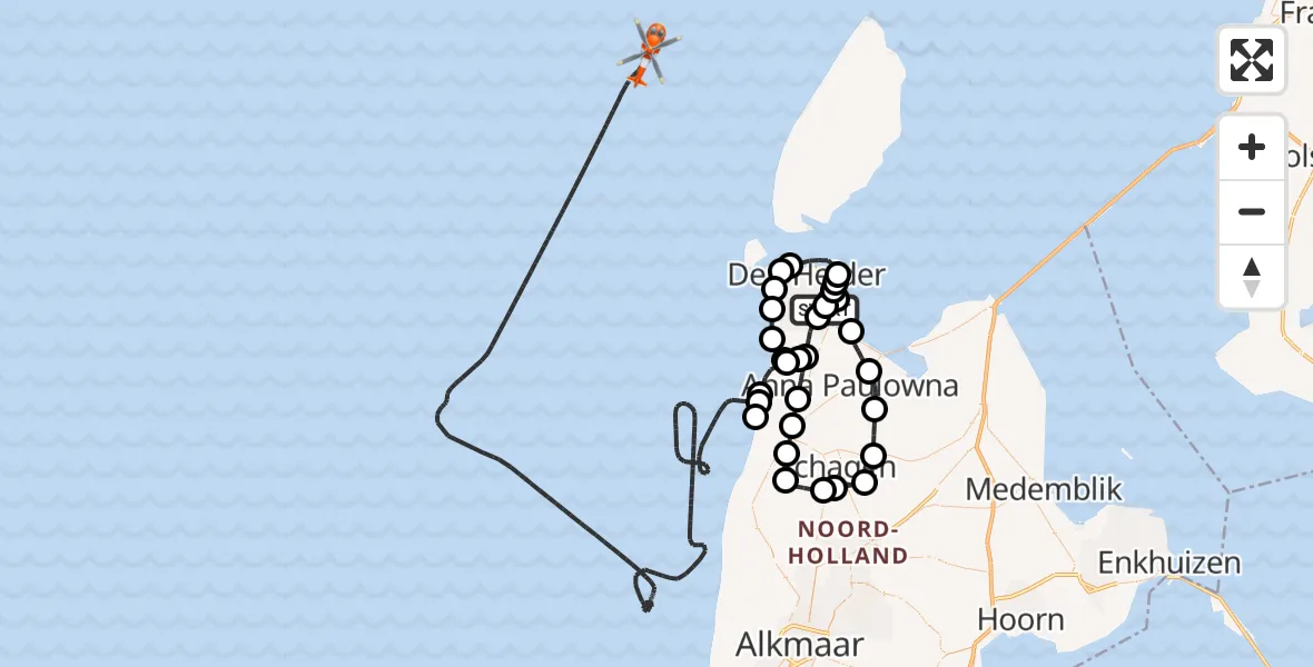 Vluchtroute Kustwachthelikopter Militair vliegveld De Kooy / Den Helder Airport - Noordzee, 09 mei 2026, 13:23