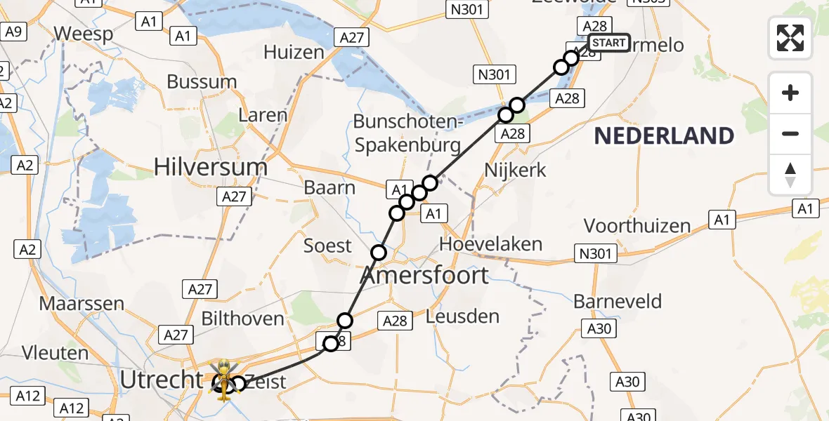 Vluchtroute Traumahelikopter Ermelo - University Medical Center Utrecht Heliport, 09 mei 2026, 13:50