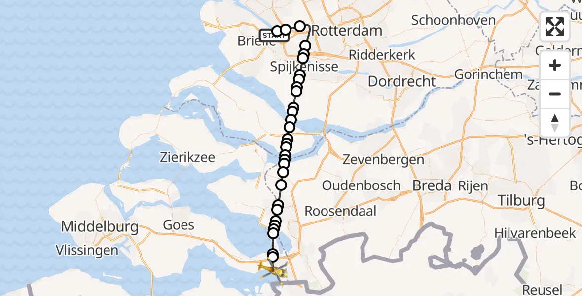 Vluchtroute Traumahelikopter Rozenburg - Rilland, 09 mei 2026, 14:01