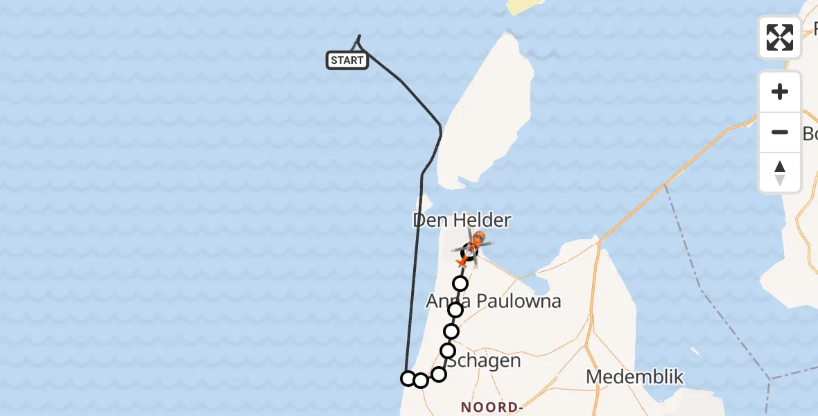 Vluchtroute Kustwachthelikopter Noordzee - Militair vliegveld De Kooy / Den Helder Airport, 09 mei 2026, 14:44