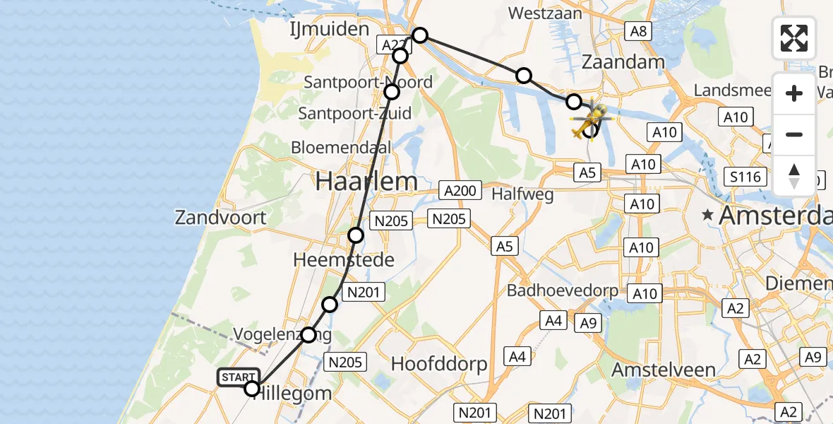 Vluchtroute Traumahelikopter De Zilk - Amsterdam Heliport, 09 mei 2026, 15:14