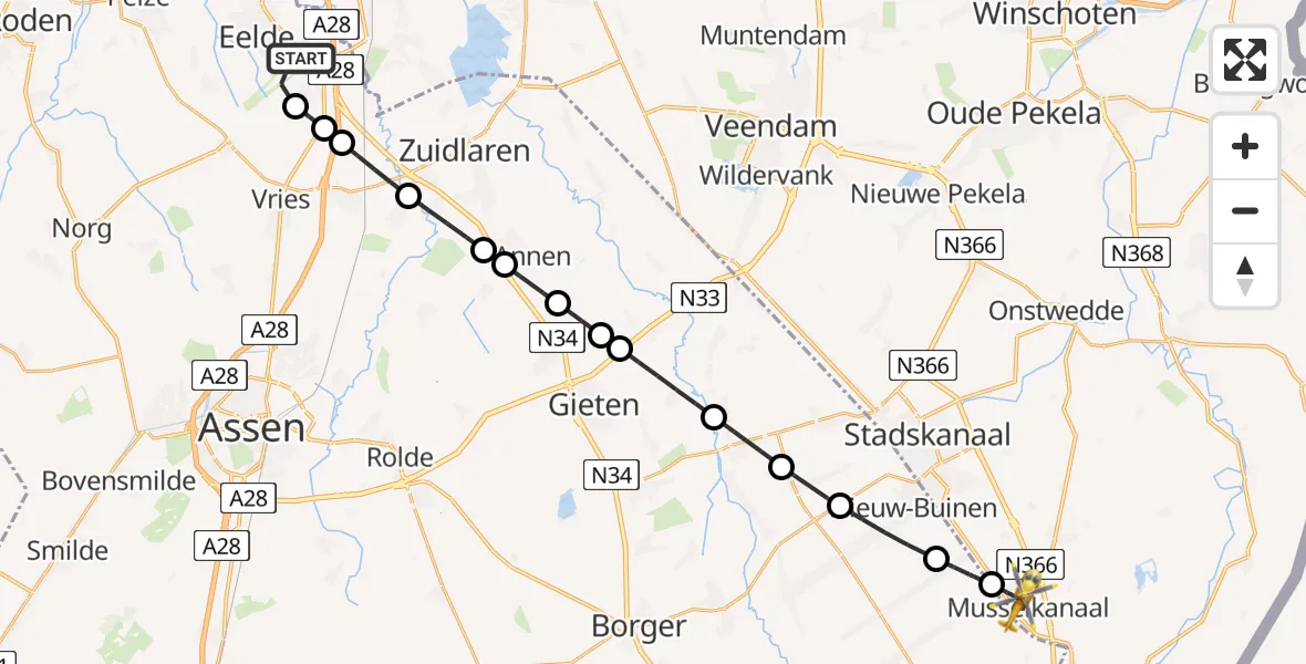 Vluchtroute Traumahelikopter Groningen Airport Eelde - Musselkanaal, 09 mei 2026, 15:25
