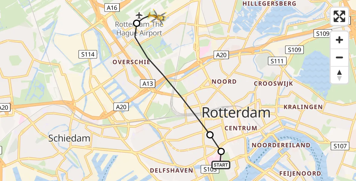 Vluchtroute Traumahelikopter Erasmus MC - Rotterdam The Hague Airport, 09 mei 2026, 16:00