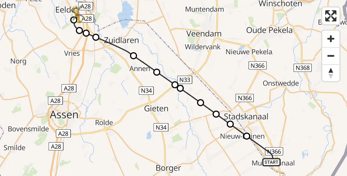 Vluchtroute Traumahelikopter Musselkanaal - Groningen Airport Eelde, 09 mei 2026, 16:06