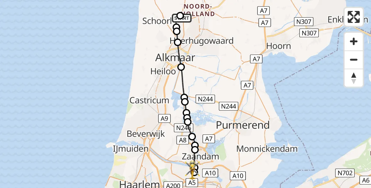 Vluchtroute Traumahelikopter Oudkarspel - Amsterdam Heliport, 09 mei 2026, 18:38