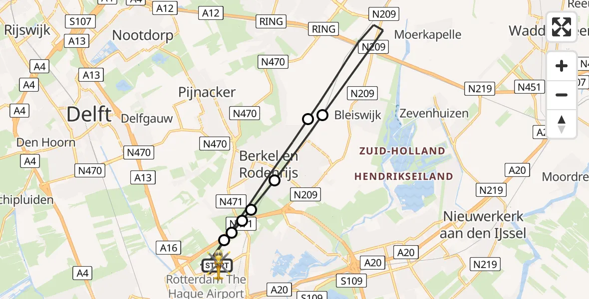 Vluchtroute Traumahelikopter Rotterdam The Hague Airport - Rotterdam The Hague Airport, 09 mei 2026, 18:43