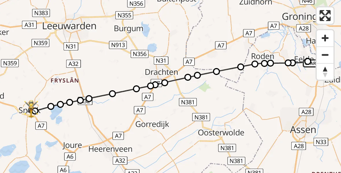 Vluchtroute Traumahelikopter Groningen Airport Eelde - Sneek, 09 mei 2026, 18:49
