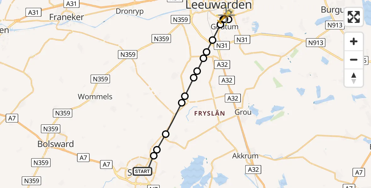 Vluchtroute Traumahelikopter Sneek - Leeuwarden Medical Center Heliport, 09 mei 2026, 19:47